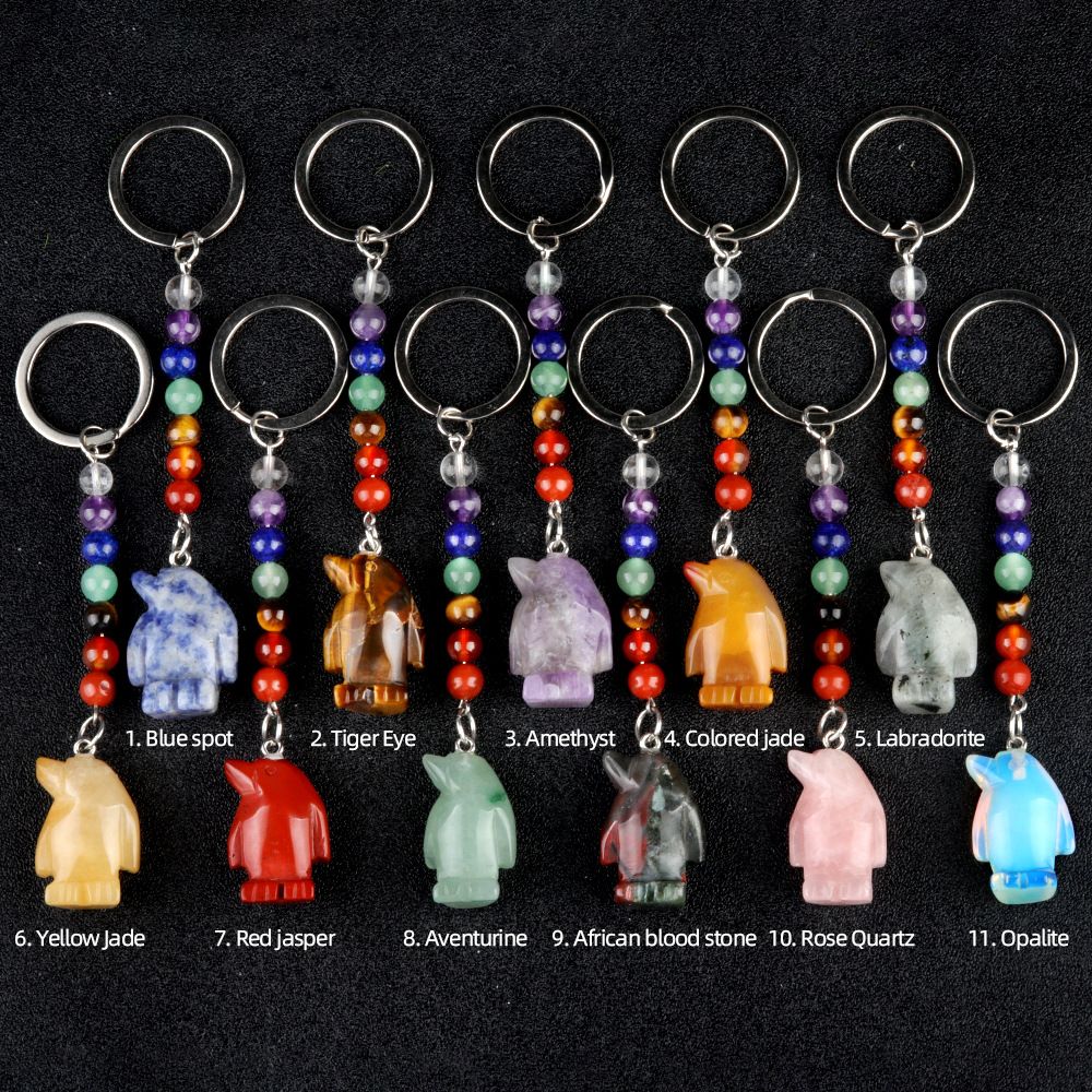 1961-Chaveiro de pinguim de pedra de cristal colorido, pingente de jóias de chakra, pingente de chaveiro de animal pequeno