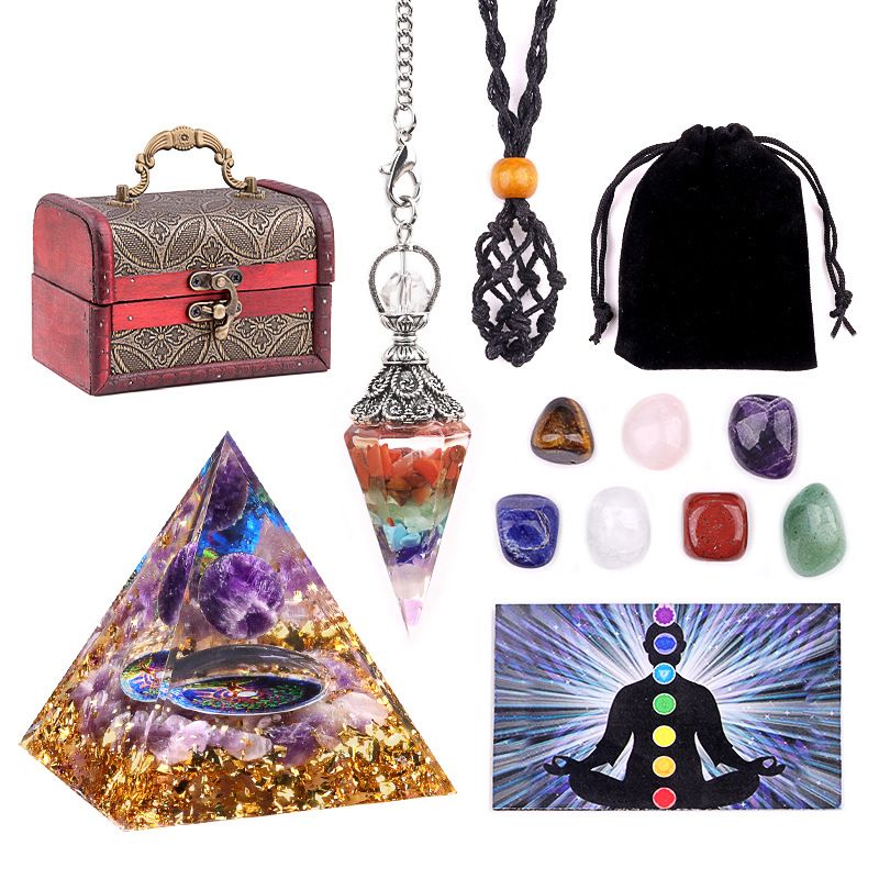 2135-Cristal Artesanato Cristal Natural Pedra Colorida Tecida Malha Bolso Pirâmide Pêndulo Conjunto De Cascalho