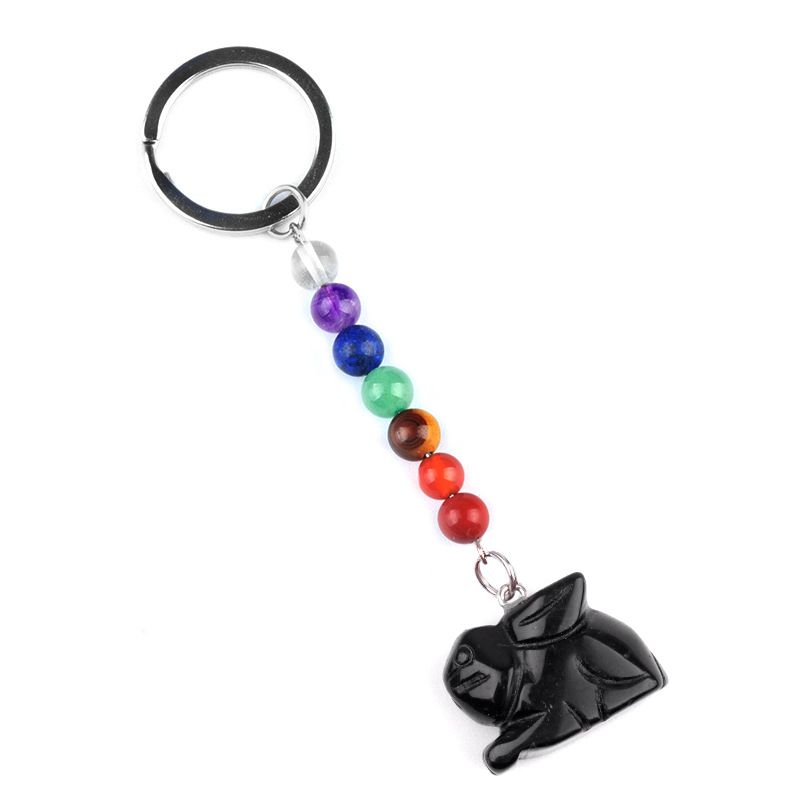 2011-Chaveiro de coelho de pedra de cristal colorido, pingente de jóias de chakra, pingente de chaveiro de animal pequeno.