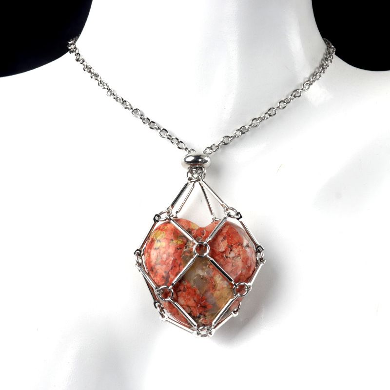 1737-Corrente de aço inoxidável de pedra de amor de ágata de cristal natural, pingente de bolso de malha de coração de bambu de metal