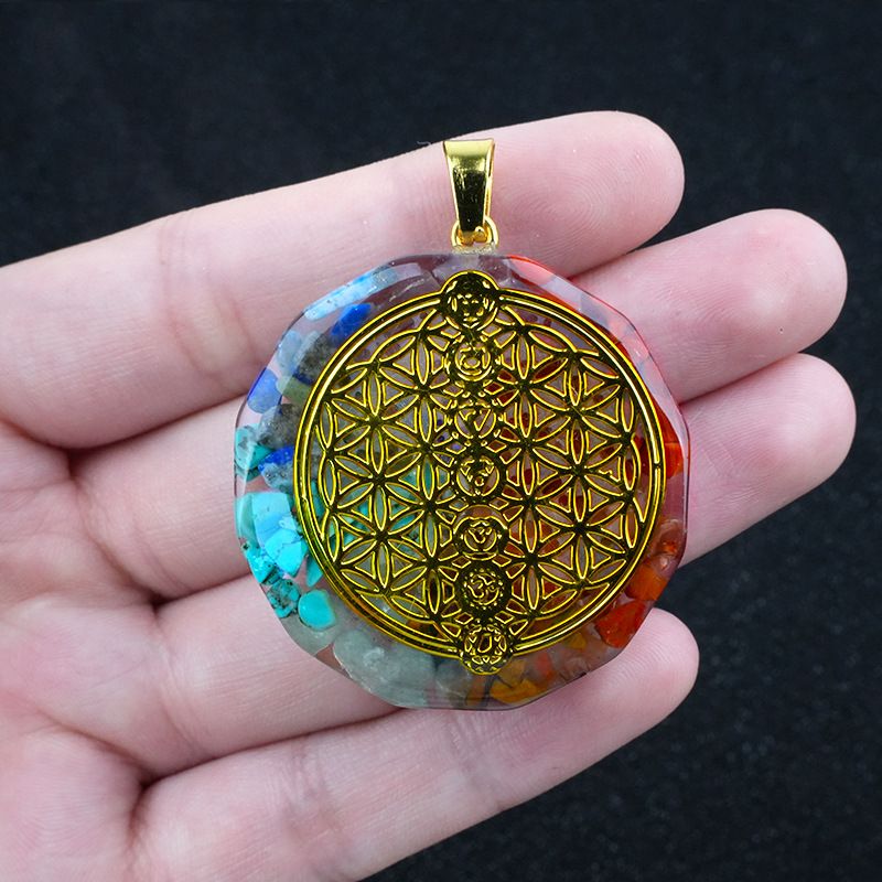 2324-Colar de pedra colorida hexagonal, pingente de pedra natural envolto em cola de resina