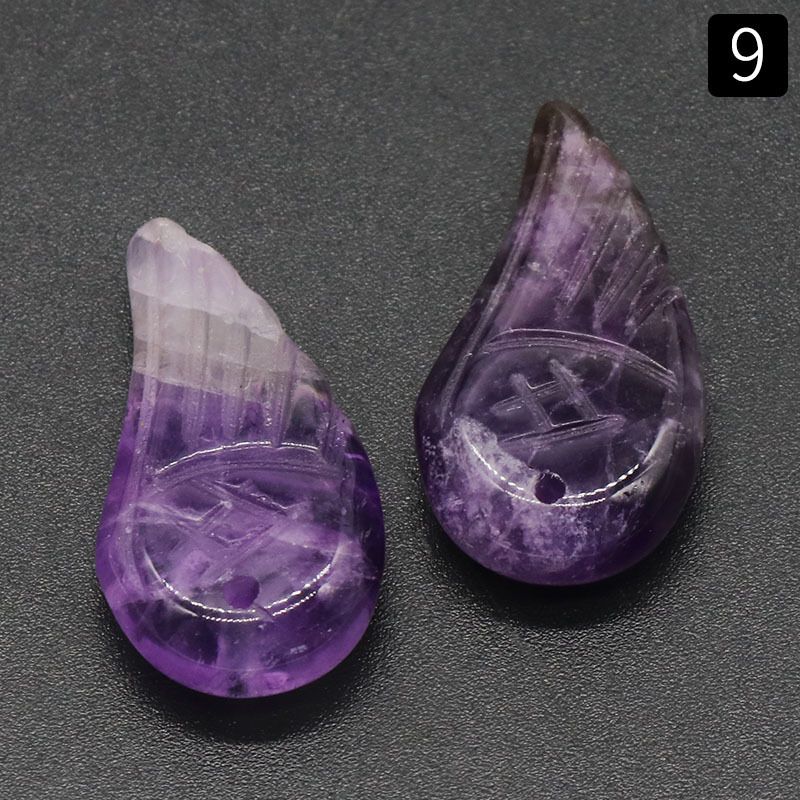 1177-Asas de cristal ametista natural Dongling jade esculpido asas pó cristal olho de tigre pingente de pena de pedra