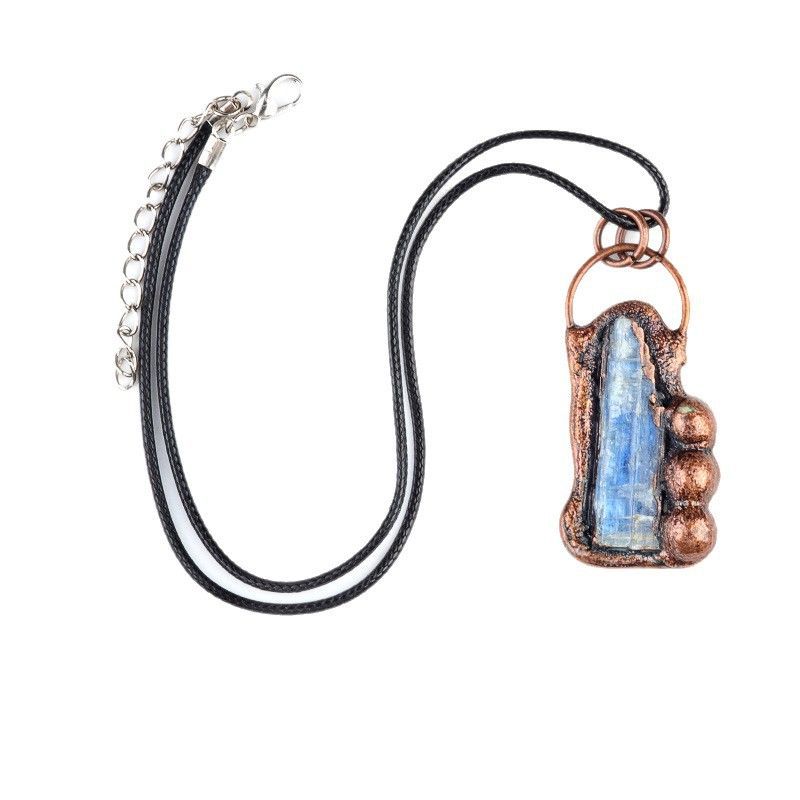 1991-Pingente retro de cianita natural, colar de bronze de pedra áspera de cristal azul irregular
