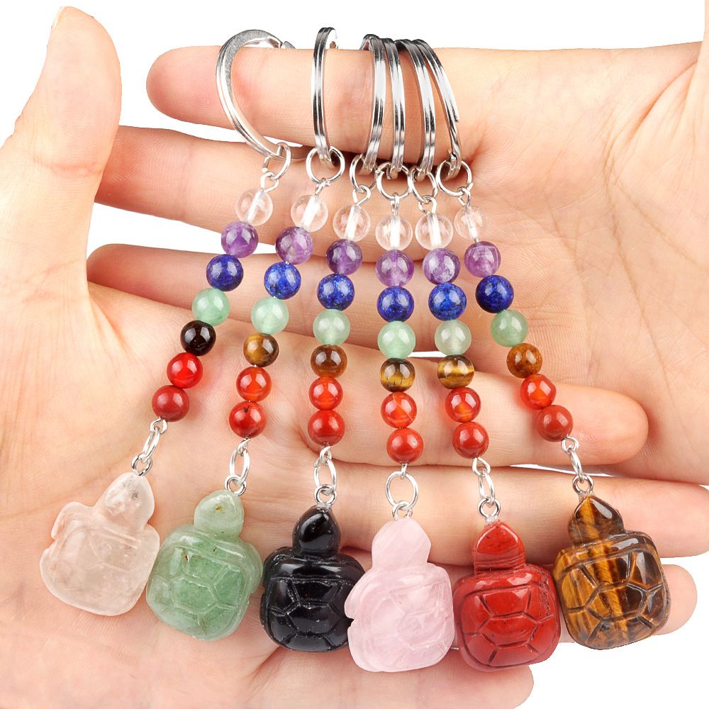 1955-Chaveiro de tartaruga de pedra de cristal colorido, pingente de jóias de chakra, pingente de chaveiro de animal pequeno