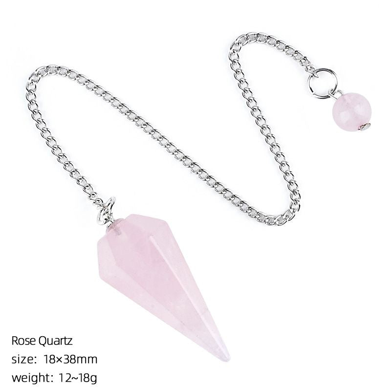 Pingente de pêndulo de cristal natural 38 mm Pedra preciosa de cone hexagonal com corrente Yoga Meditação Pêndulo de frequência ajustável
