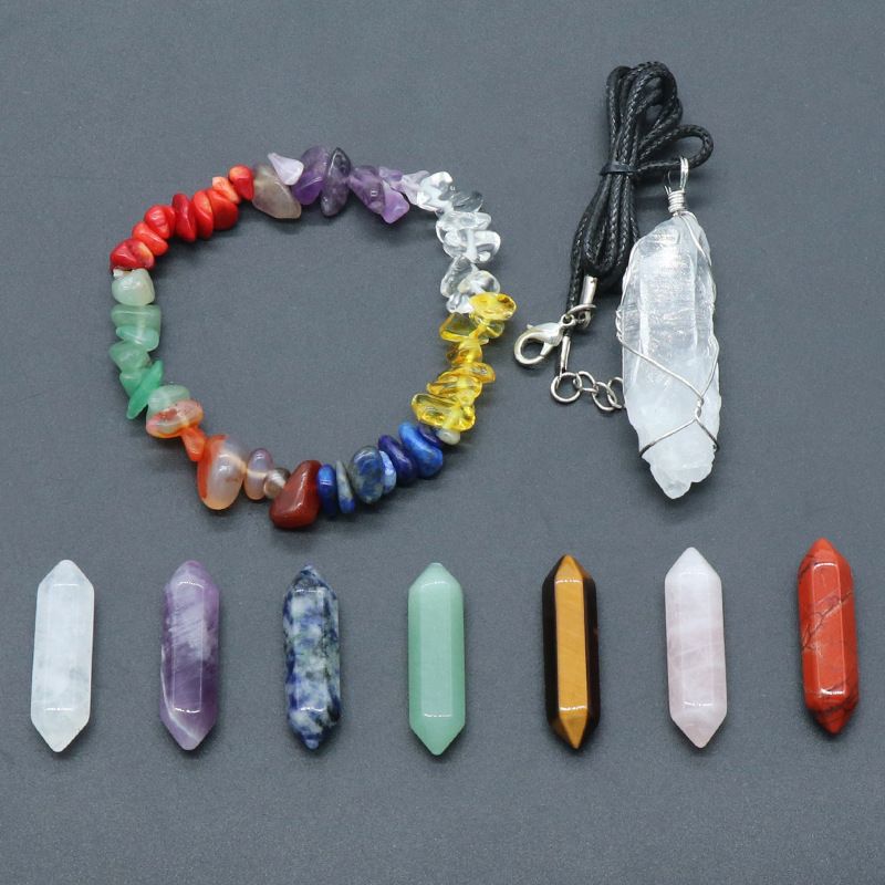 1298-Pulseira de cascalho colorido de coluna hexagonal de cristal natural, pingente de pedra áspera de cristal branco, conjunto de caixa.