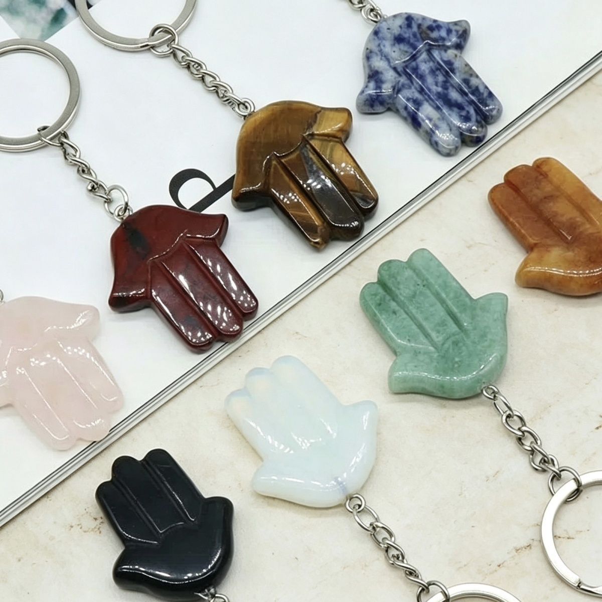1051-Fátima Mão Keychain Cristal Natural Pedra Palma Keychain, Escultura em Pedra, Bolsa Pingente