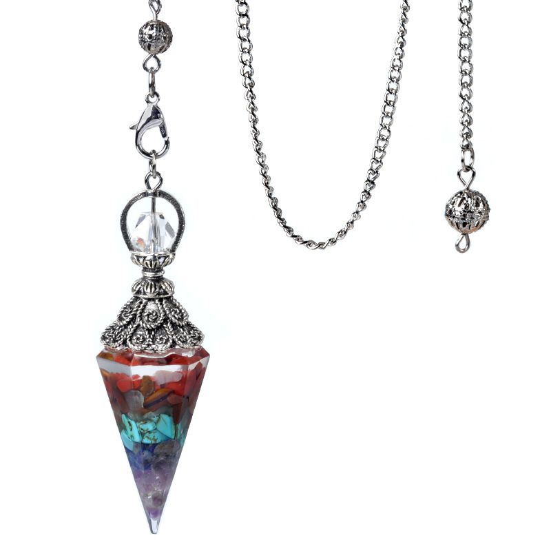1924-Pêndulo de resina de cascalho colorido de cristal de prata antigo, pingente de cone hexagonal, transfronteiriço