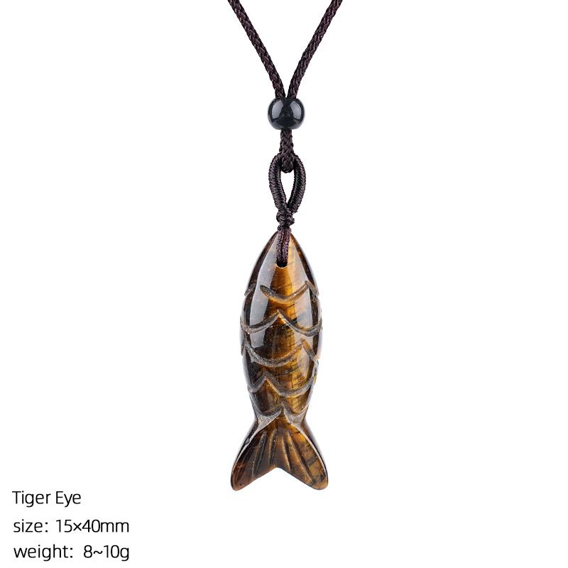 Colar de peixe pequeno de pedra semi-preciosa natural de 40Mm, colar de corda trançada ajustável, pingente de peixe pequeno de ágata tridimensional com gravura em pedra ágata.