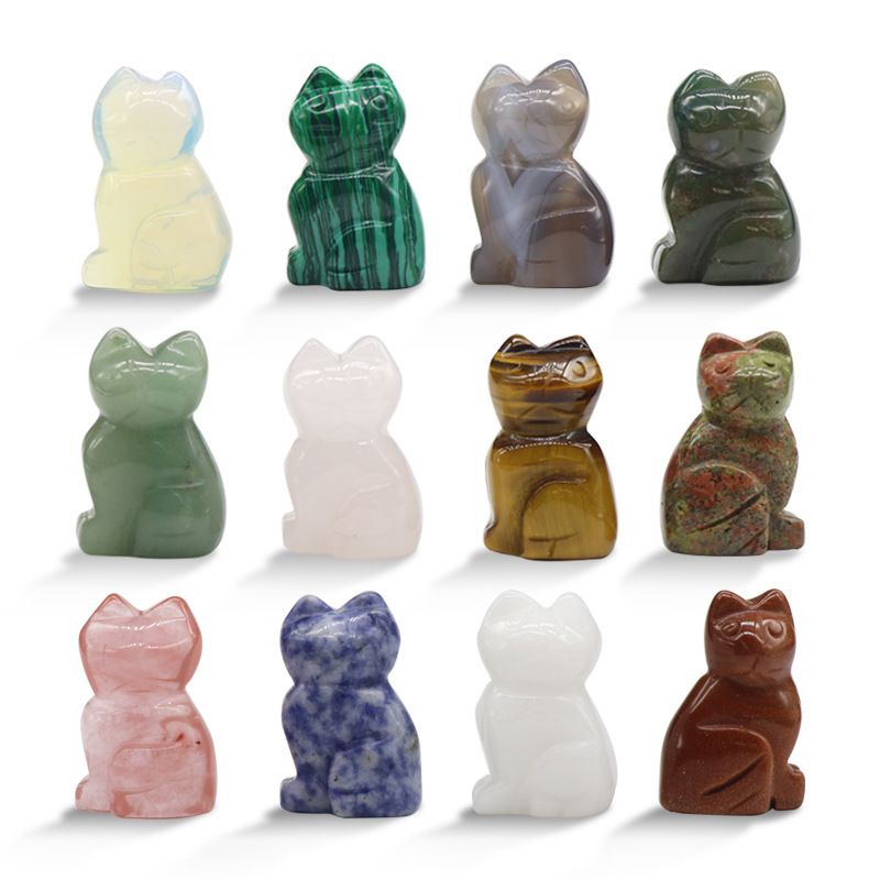 Ágata de cristal pedra semipreciosa, gato gravado 1,3 polegadas animal gravado 12 ornamentos de cores mistas