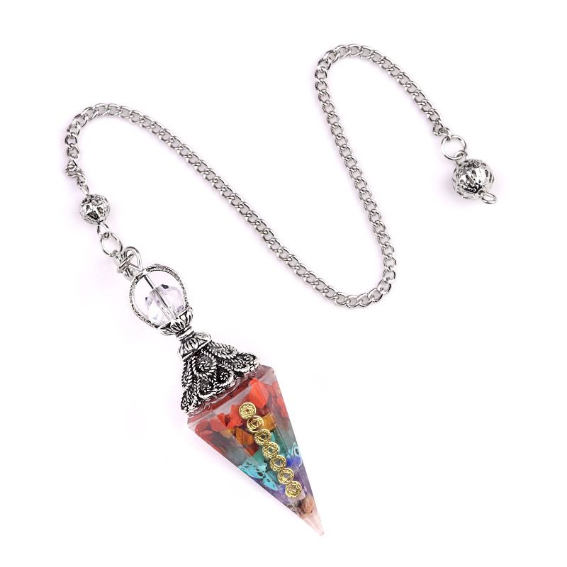2122-Pêndulo de cascalho de cristal natural colorido bronze prata resina de ouro símbolo de sete veias pêndulo de cone hexagonal