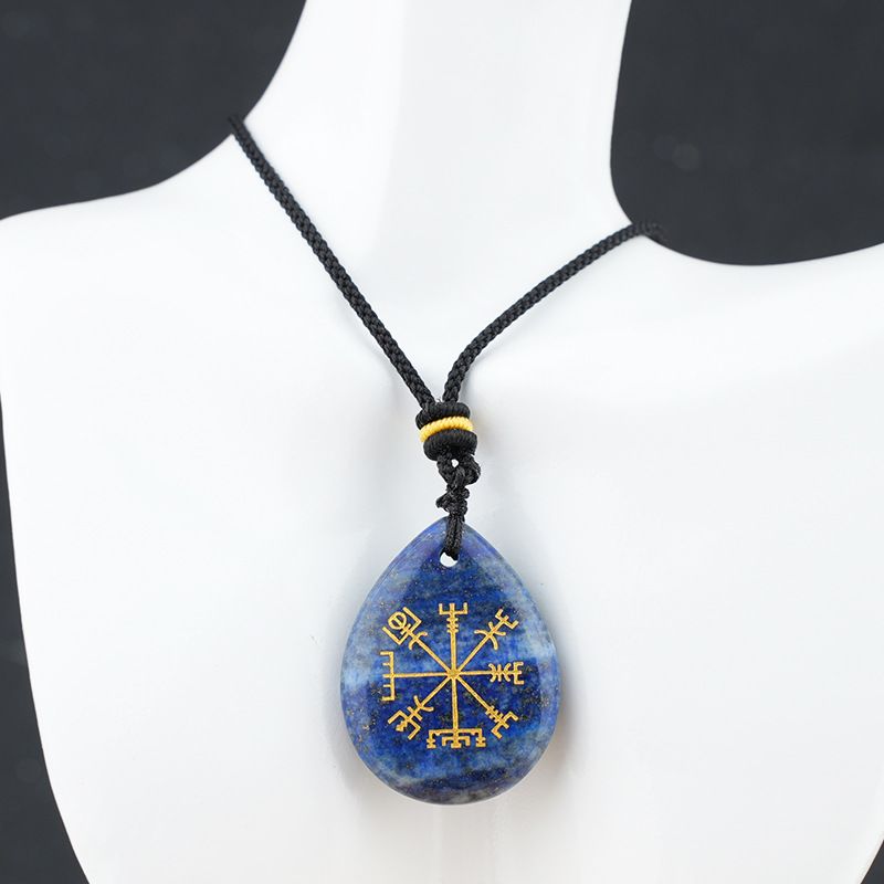 Colar de runa viking de pedra natural de venda quente em forma de gota de água retro pedra natural com letras jateadas de areia pingente de runa