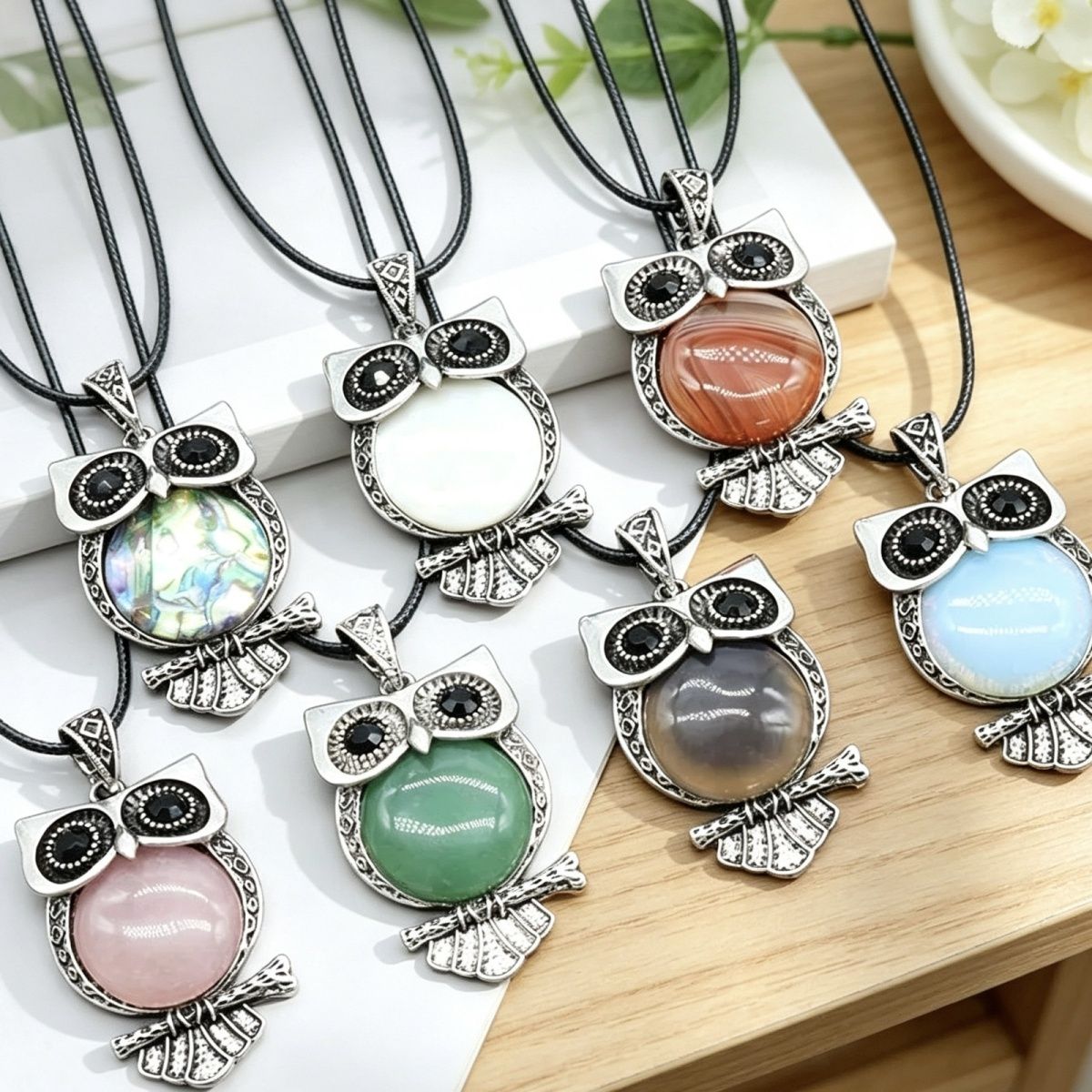 1545-Gem Coruja conjunto de gemas colar coruja, ágata de cristal semi-precioso multi-colorido pingente coruja