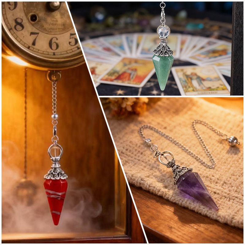 1412 Pingente de pêndulo de cristal natural Receptáculo de prata antiga Yoga Meditação Hexagonal Cone Frequência ajustável Pêndulo de pedra natural