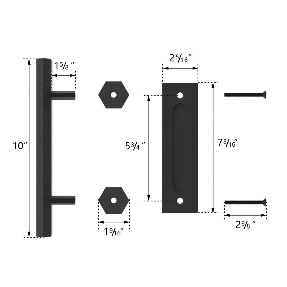 10 in. Black Hexagon Pull and Flush Sliding Barn Door Handle Set