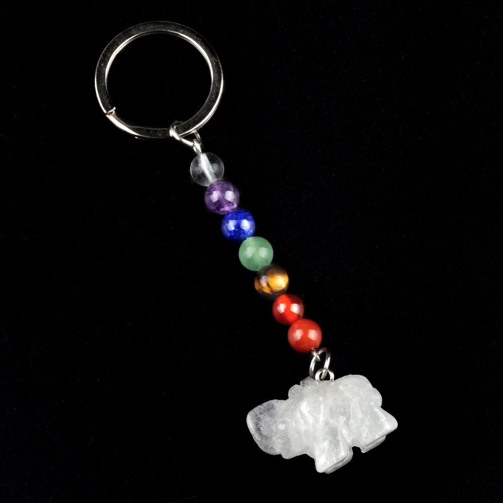 Chaveiro de elefante de pedra de cristal colorido, pingente de jóias de chakra, pingente de chaveiro de animal pequeno.