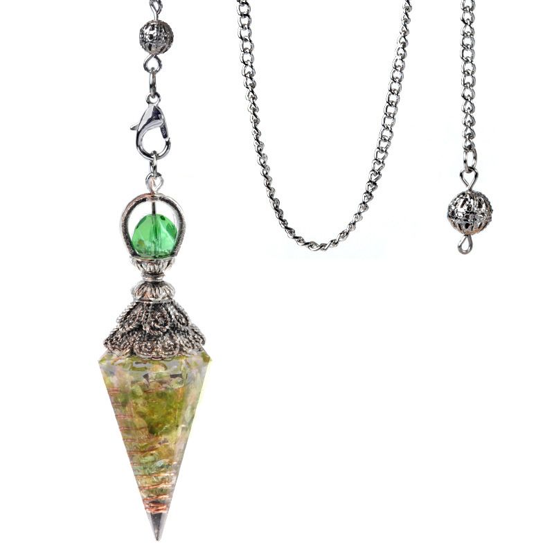 1924-Pêndulo de resina de cascalho colorido de cristal de prata antigo, pingente de cone hexagonal, transfronteiriço