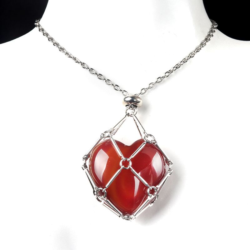1737-Corrente de aço inoxidável de pedra de amor de ágata de cristal natural, pingente de bolso de malha de coração de bambu de metal