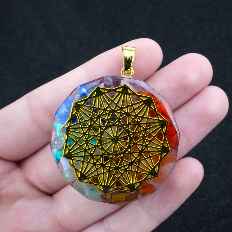 2324-Colar de pedra colorida hexagonal, pingente de pedra natural envolto em cola de resina