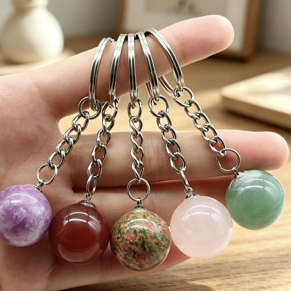 Chaveiro de bola redonda de 1402-20Mm, bolsa de pedra de olho de tigre de ágata de cristal rosa natural, joias de pingente de bola pequena.