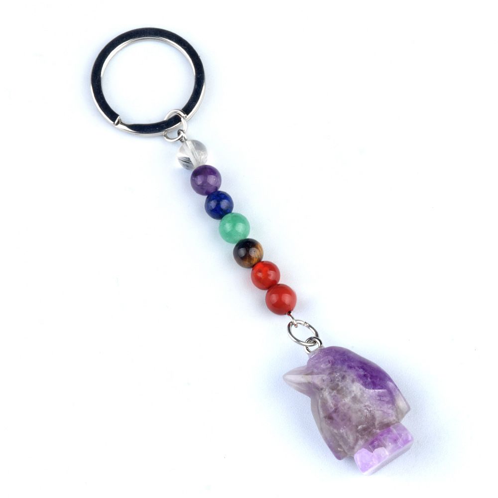 1961-Chaveiro de pinguim de pedra de cristal colorido, pingente de jóias de chakra, pingente de chaveiro de animal pequeno