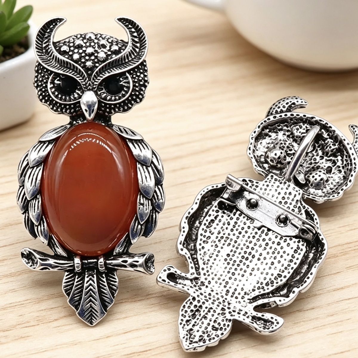 1208-Coruja gem Broche de Cristal Natural Coruja Broche, Alloy Set Pingente de Pedra Preciosa Pin