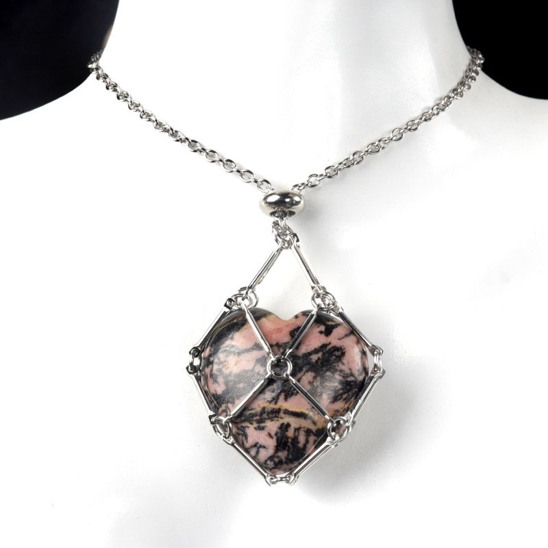 1737-Corrente de aço inoxidável de pedra de amor de ágata de cristal natural, pingente de bolso de malha de coração de bambu de metal