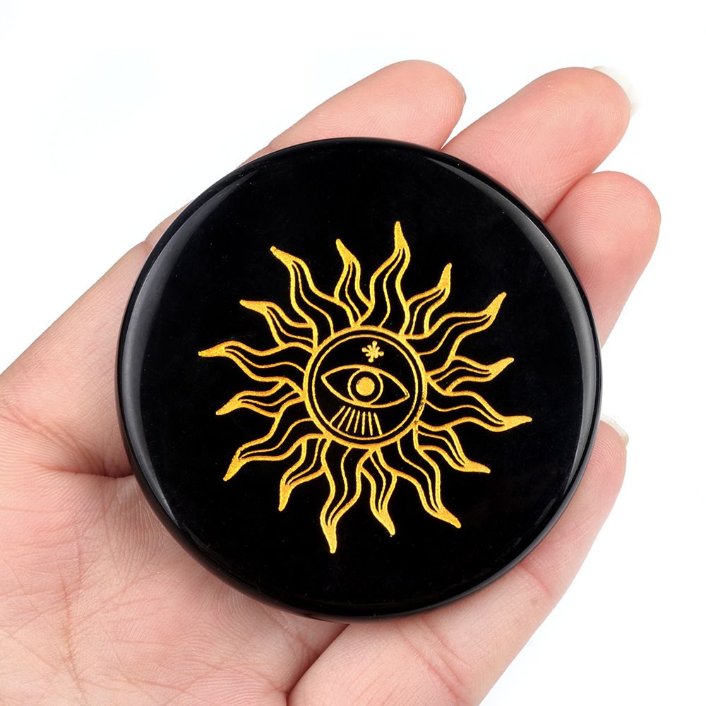 1771-Obsidiana 55mm gravura redonda e plana Árvore da Vida Estrela Lua Esteira de Pedra Enfeite de artesanato DIY