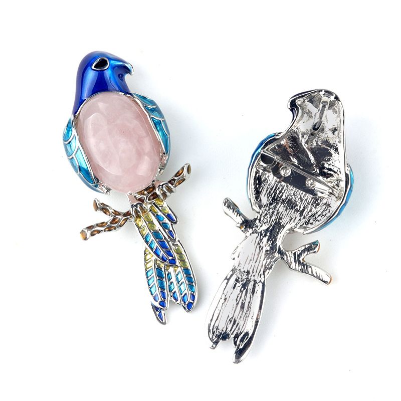 1682-Pingente de broche de papagaio Pingente de broche de gema incrustado com pino de pedra de ágata de cristal, colar