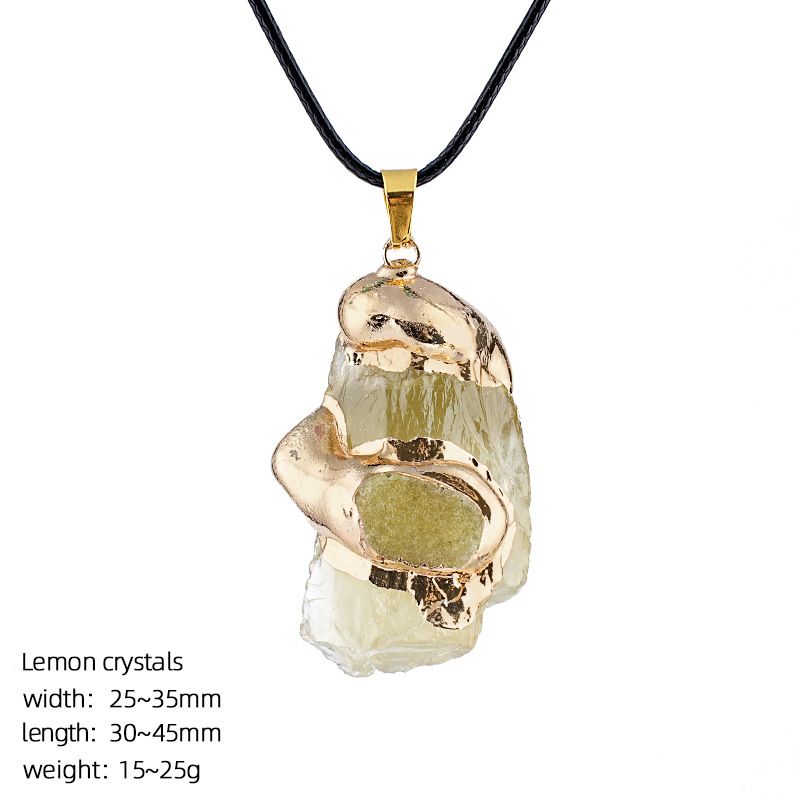 Colar de cristal natural, retro dourado incrustado grande pedra áspera irregular batida à mão pingente de pedra natural.