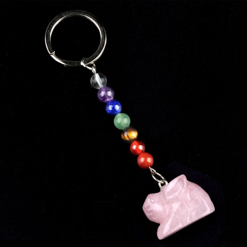 2011-Chaveiro de coelho de pedra de cristal colorido, pingente de jóias de chakra, pingente de chaveiro de animal pequeno.