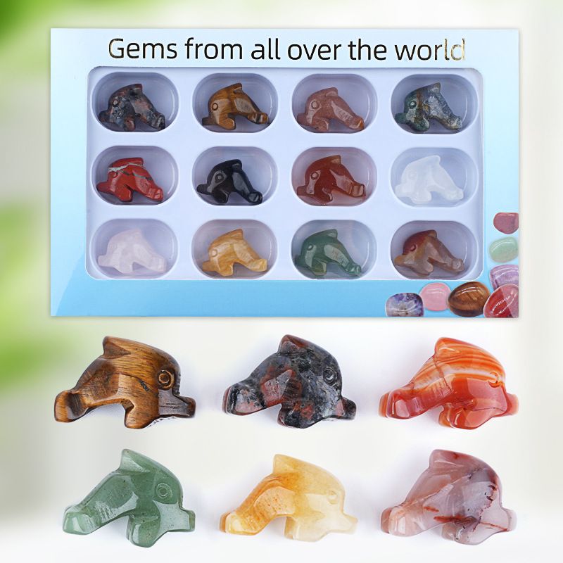 12 caixas de cor 1 polegada gravado cristal ágata jade golfinho animal ornamento conjunto de artesanato