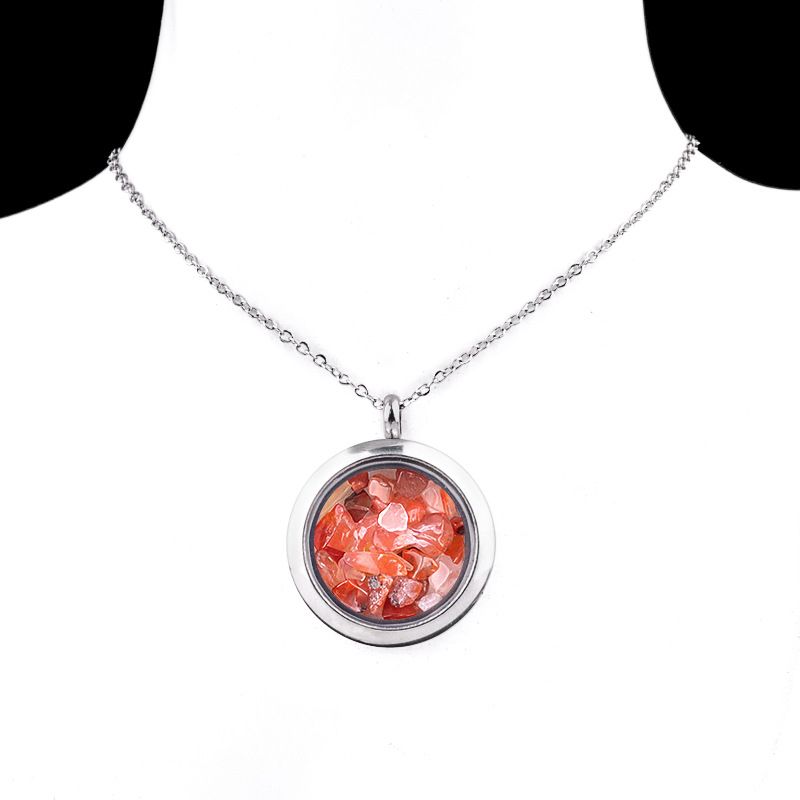2123-Pedra de cristal natural pequena bola de cascalho de aço inoxidável Gawu caixa colar clavícula corrente pingente de jóias