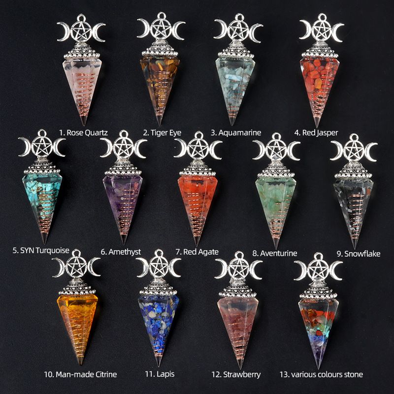1690-Lua trifásica colorido cascalho resina cristal pedra preciosa hexagonal cone pêndulo, pingente de chakra