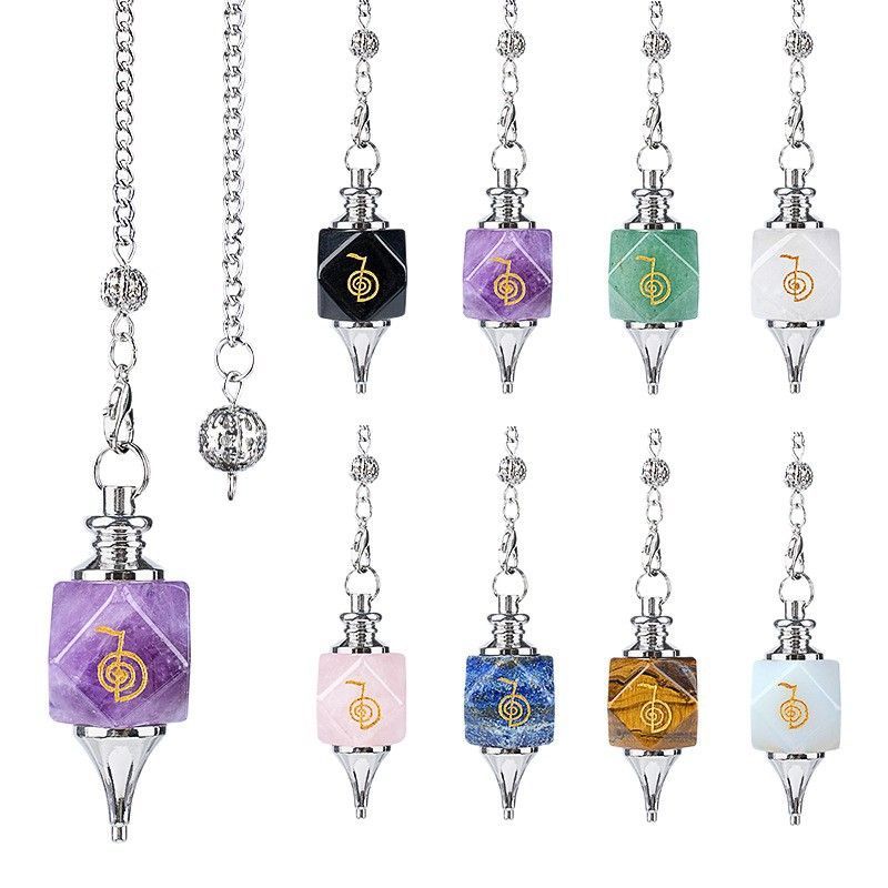 Pingente de pêndulo de cristal natural Gravura geométrica Runa Yoga Meditação Freqüência ajustável Pêndulo de pedra natural
