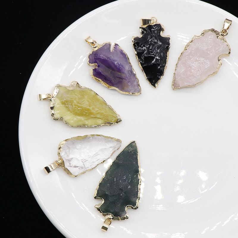 Joias europeias e americanas, minério cru de cristal colorido preto ágata, colar de pingente de flecha, acessórios