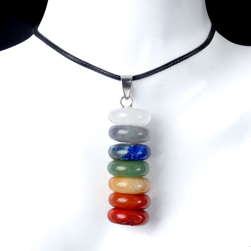 1753-Pingente de pedra colorida com corda de couro, colar de combinação de disco de ábaco de pedra de cristal colorido