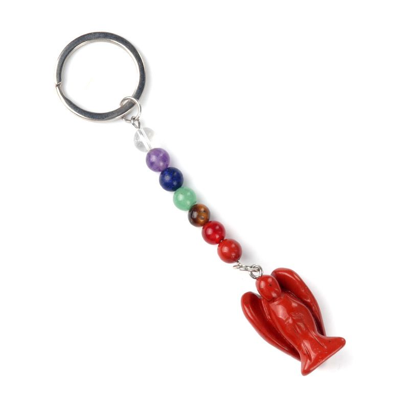 1715-Chaveiro de Anjo Chakra, Chaveiro de Anjo Gravado em Pedra Semi-Preciosa Natural, Pingente de Anjo da Guarda