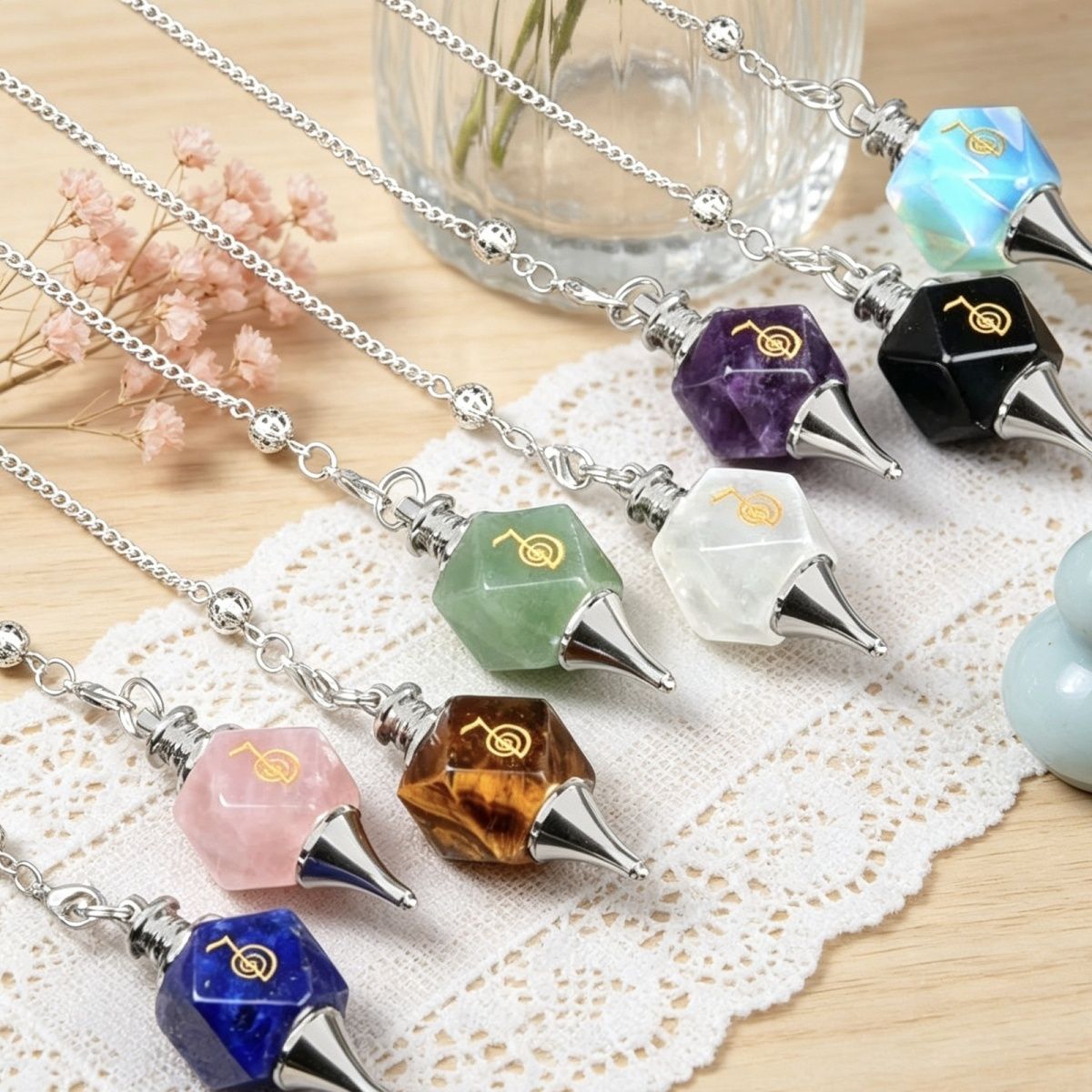 1758-Cho Ku Rei Pingente de Pêndulo de Símbolo de Poder Pedra de Cristal Reiki Runas Meditação Pêndulo