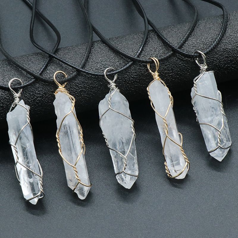 Coluna de cristal de pedra áspera de quartzo transparente 1448 pingente de enrolamento irregular ouro prata colar de cristal branco