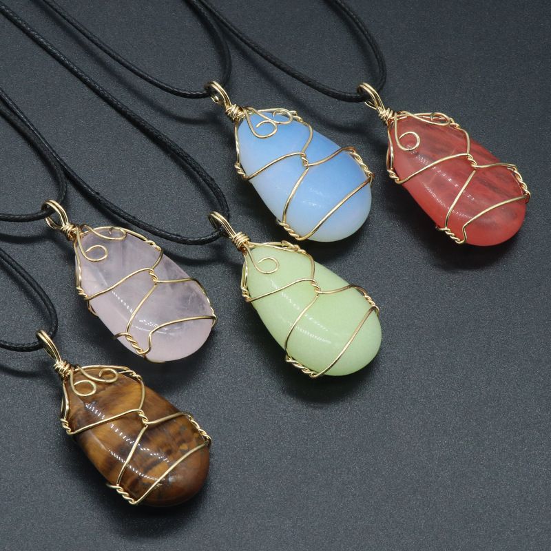 Ágata de cristal natural, pedra semipreciosa, pingente de enrolamento de gota de água, jade Dongling de cristal em pó, colar de pedra olho de tigre.