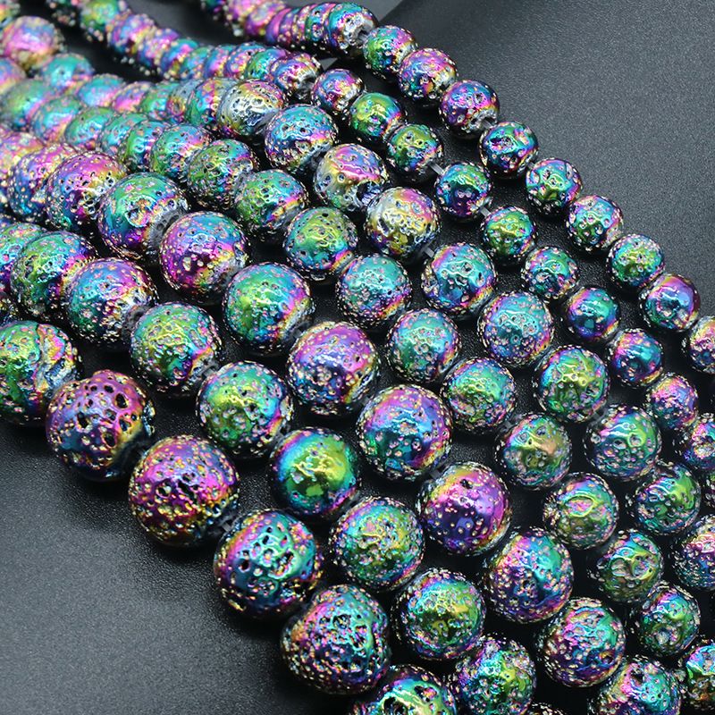 1417-Pedra Vulcânica Colorida Natural Contas Redondas DIY Acessórios De Jóias Frisadas Feitas À Mão Rocha Vulcânica Galvanoplastia Cor Grânulos Soltos