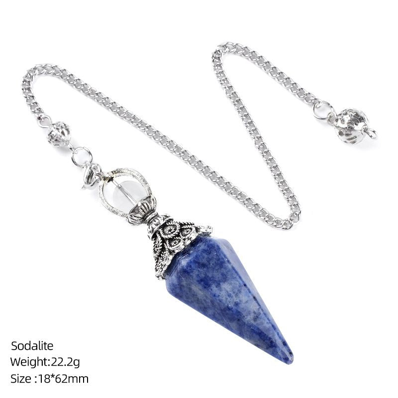 1412 Pingente de pêndulo de cristal natural Receptáculo de prata antiga Yoga Meditação Hexagonal Cone Frequência ajustável Pêndulo de pedra natural