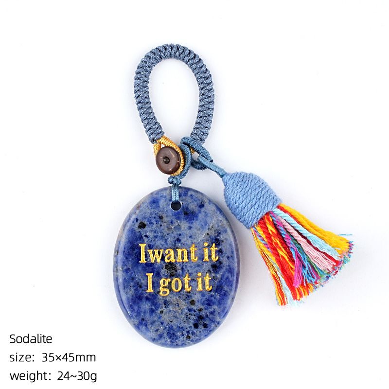 2454 Chaveiro de pedra de cristal natural com letras de ágata pingente de carro, pingente de bolsa de pedra mindfulness.