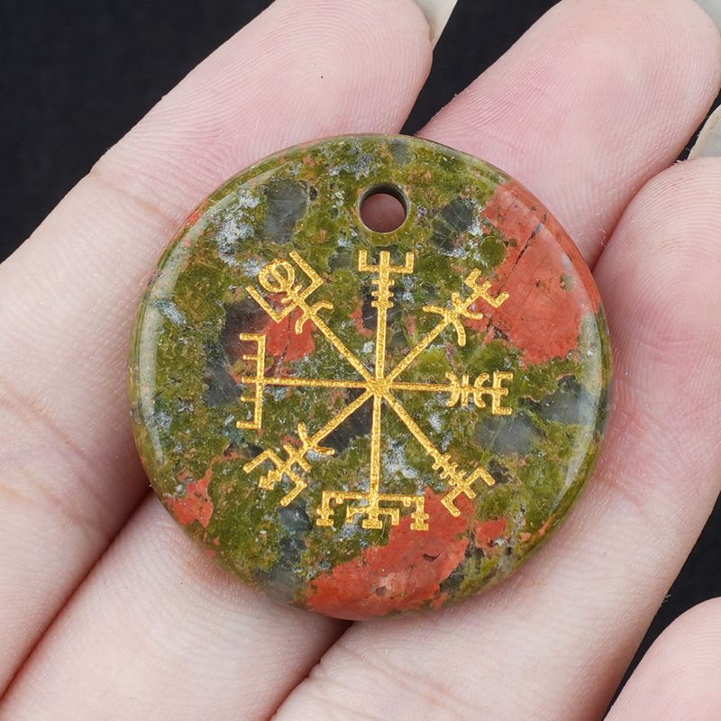 Olho de tigre de ametista natural 30mm símbolo Viking disco pingente marca de direção decoração para casa acessórios pingente
