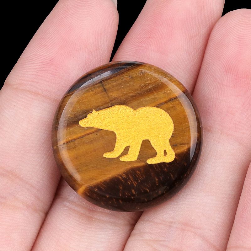 2199-Pedra de ágata de cristal natural gravada urso disco de 25mm pedra semipreciosa gravada padrão animal decoração criativa