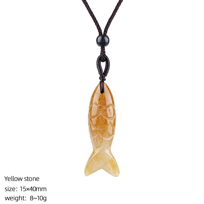 Colar de peixe pequeno de pedra semi-preciosa natural de 40Mm, colar de corda trançada ajustável, pingente de peixe pequeno de ágata tridimensional com gravura em pedra ágata.