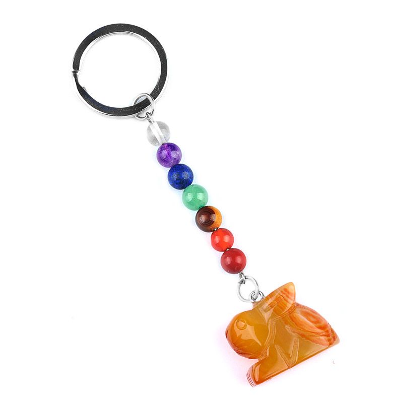 2011-Chaveiro de coelho de pedra de cristal colorido, pingente de jóias de chakra, pingente de chaveiro de animal pequeno.