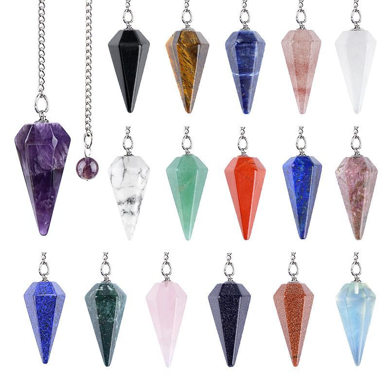 Pingente de pêndulo de cristal natural 38 mm Pedra preciosa de cone hexagonal com corrente Yoga Meditação Pêndulo de frequência ajustável