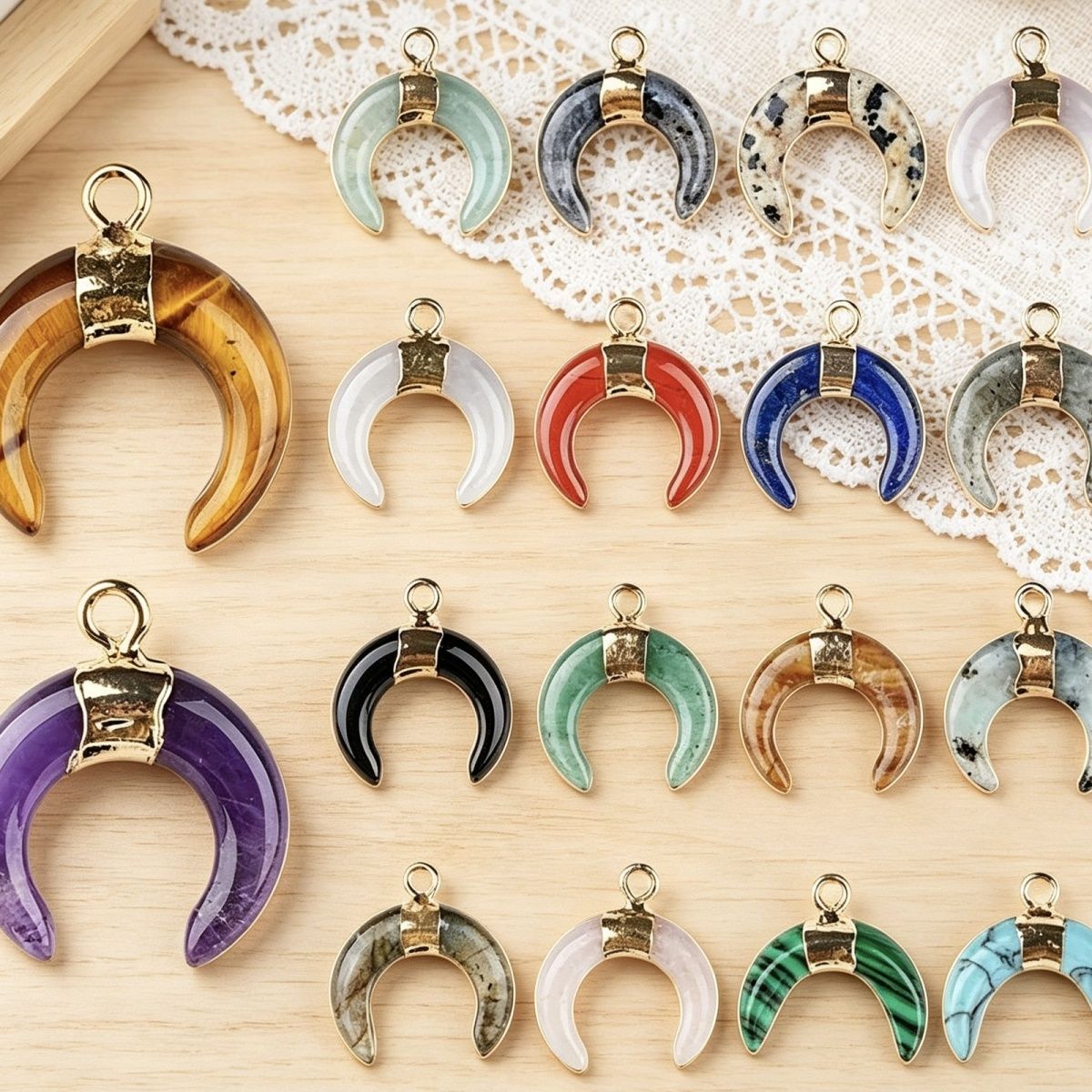 1440 Pingente de lua de cristal natural artesanal pulseira colar brincos dourados único pendurado tipo C chifre de pedra natural
